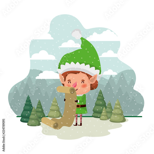 elf with list gifts and christmas trees with falling snow