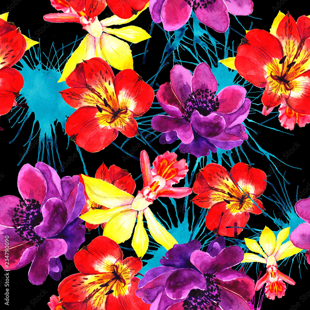 
Watercolor painting seamless patterns with tropical flowers, beautiful flowers. Basis for design
