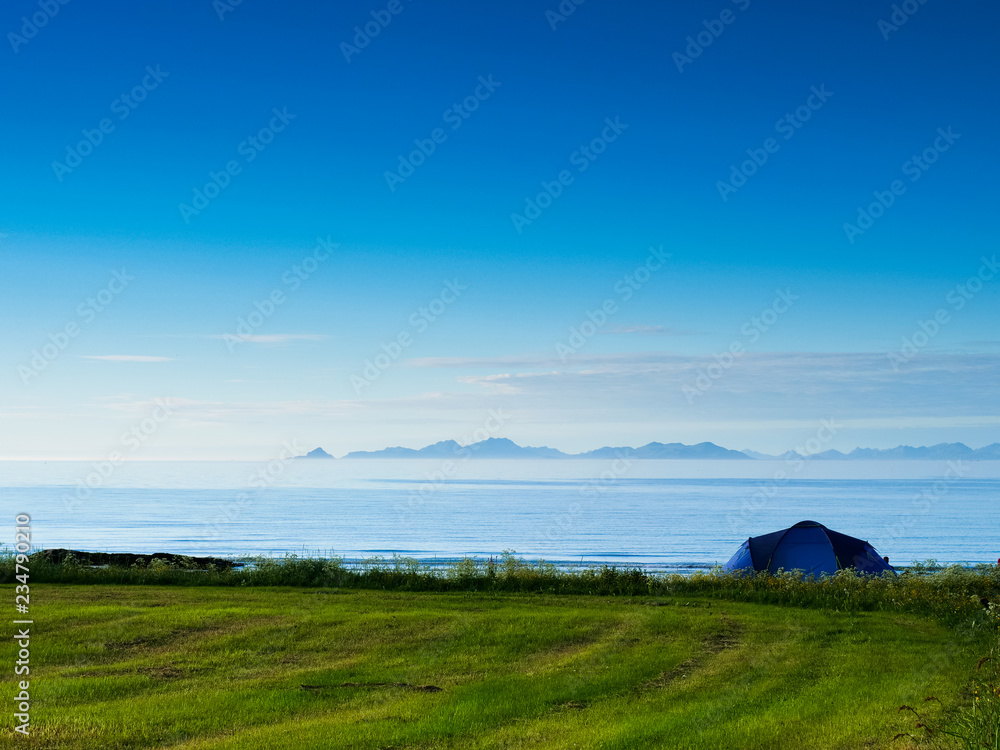 Tent on beach, Lofoten islands, Norway