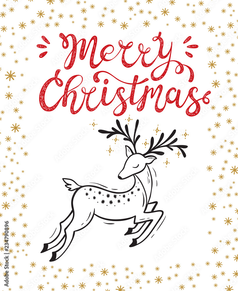 Merry Christmas greeting card. Happy Holidays. Vector winter holiday background with hand lettering calligraphic and Christmas reindeer. Deer. Merry Christmas greeting card. Happy Holidays. Vector winter holiday background with hand lettering calligraphic and Christmas reindeer. Deer.