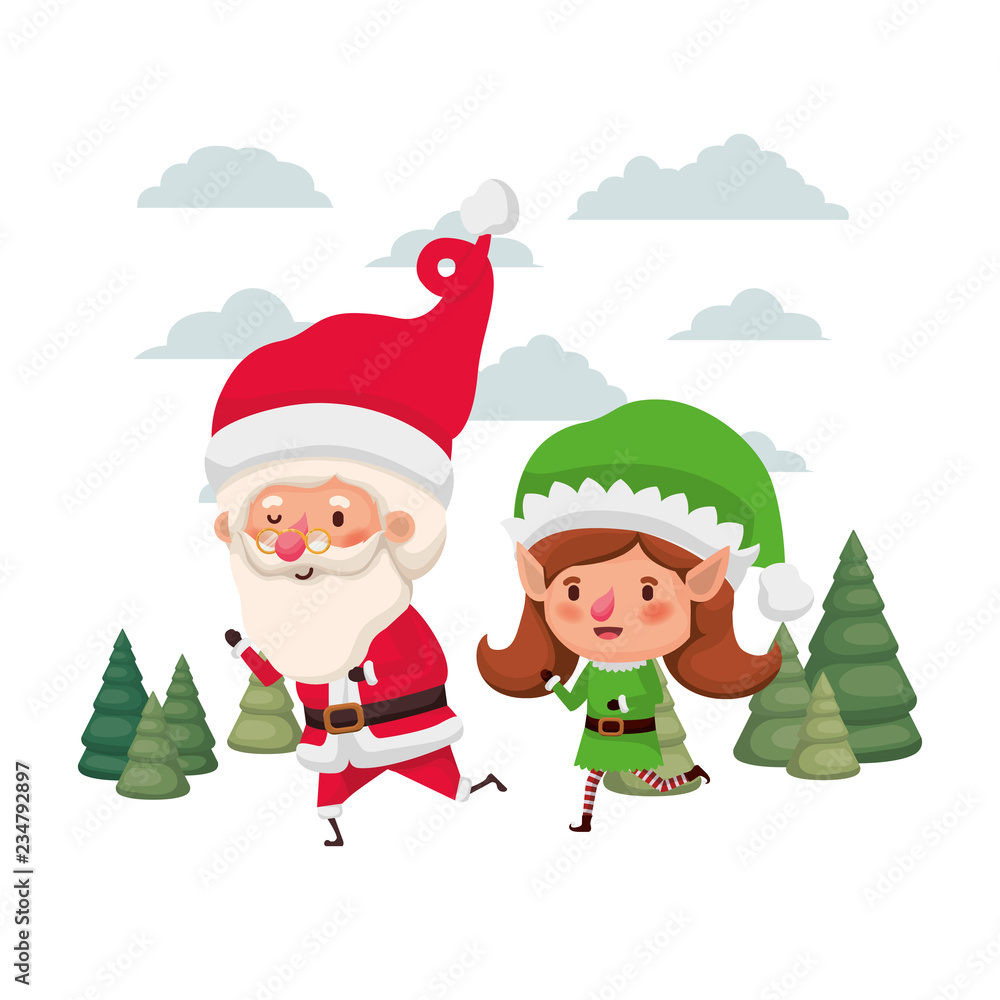 santa claus with elf woman moving with christmas trees santa claus with elf woman moving with christmas trees