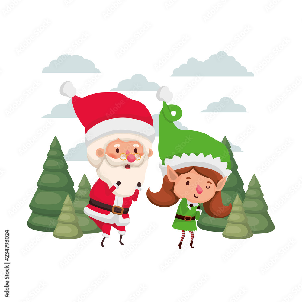santa claus with elf woman moving with christmas trees