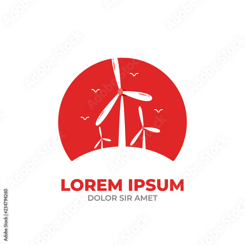 Red Sunset Windmills wind turbines logo icon badge illustration