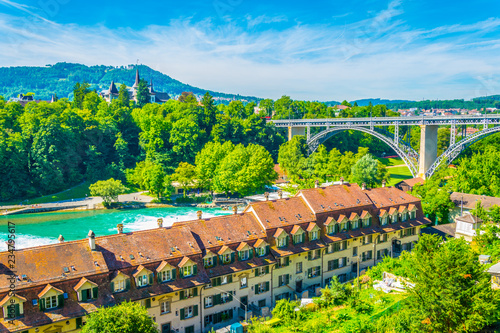 Fototapeta Museum of History and Kirchenfledbrücke bridge over river Aare in Bern, Switzerland
