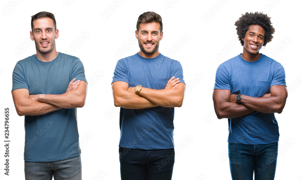 Collage of group of hispanic and african american men over isolated background happy face smiling with crossed arms looking at the camera. Positive person. Collage of group of hispanic and african american men over isolated background happy face smiling with crossed arms looking at the camera. Positive person.