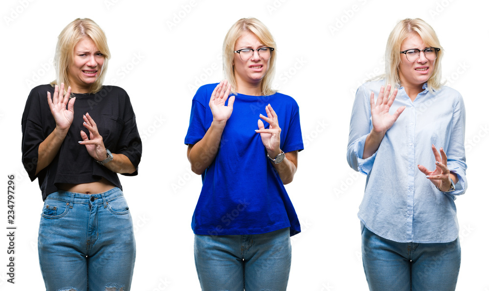 Collage of beautiful blonde woman over isolated background disgusted expression, displeased and fearful doing disgust face because aversion reaction. With hands raised. Annoying concept. Collage of beautiful blonde woman over isolated background disgusted expression, displeased and fearful doing disgust face because aversion reaction. With hands raised. Annoying concept.