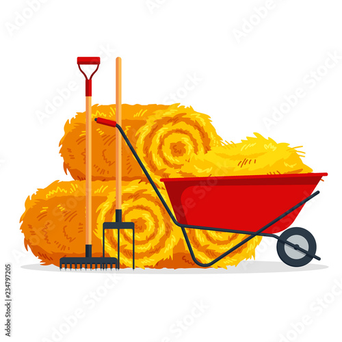 Red flat gardening wheelbarrow with bale of hay, pitchfork, rake isolated on white background. Flat dried haystack, farming haymow, agricultural rural haycock, haymaking time - vector illustration