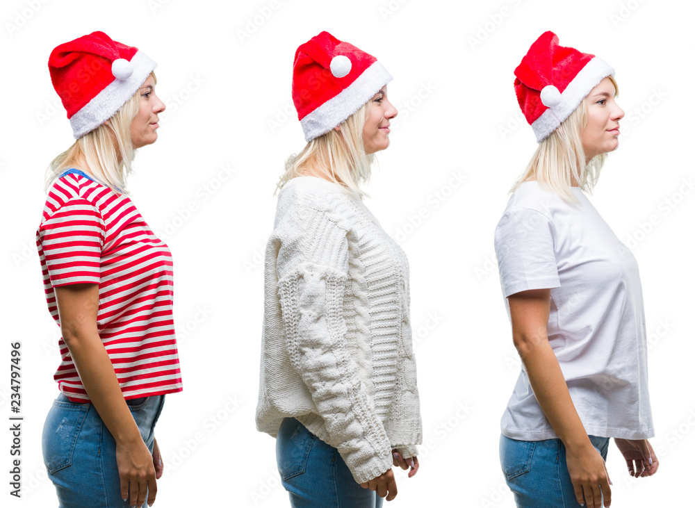 Obraz premium Collage of beautiful blonde woman wearing christmas hat over isolated background looking to side, relax profile pose with natural face with confident smile.