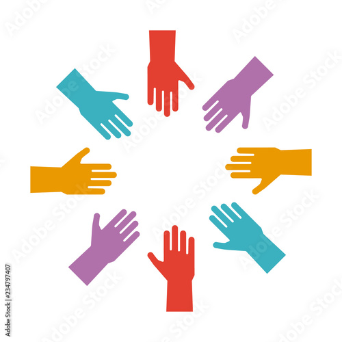 Circle of colorful hands illustration. Vector trendy flat glyph icon for concepts of partnership, unity, culture and education, volunteering, teamwork