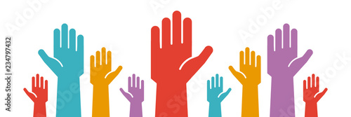 Raised colorful hands volunteering to help a good cause. Vector trendy flat icon for volunteer, charity, donation and contribution concepts