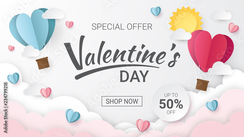 Valentines day sale background with Heart Balloons, clouds and sun. Paper cut style. Can be used for Wallpaper, flyers, invitation, posters, brochure, banners. Vector illustration.
