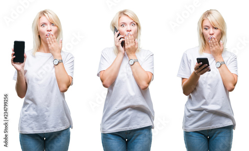 Collage of beautiful blonde woman using smartphone over isolated background cover mouth with hand shocked with shame for mistake, expression of fear, scared in silence, secret concept