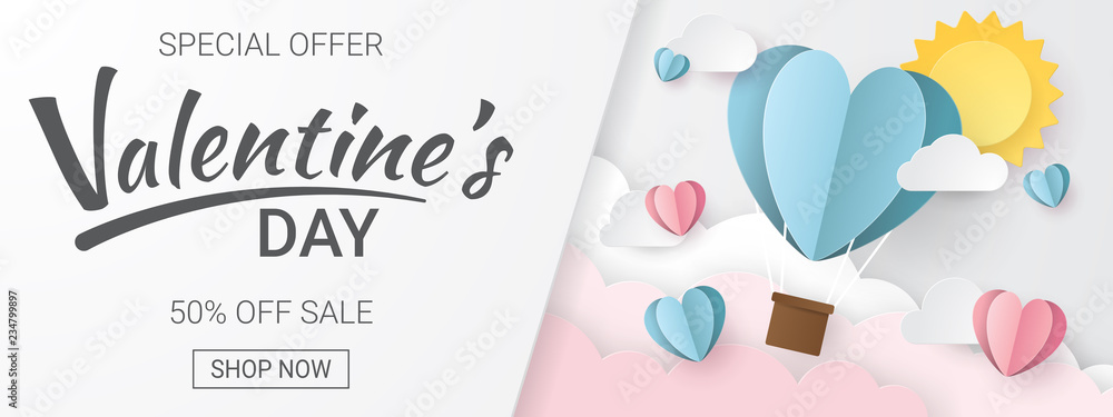 Valentines day sale background with Heart Balloons, clouds and sun ...