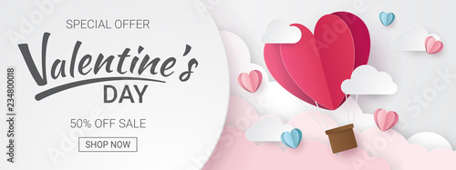 Valentines day sale background with Heart Balloons and clouds. Paper cut style. Can be used for Wallpaper, flyers, invitation, posters, brochure, banners. Vector illustration.