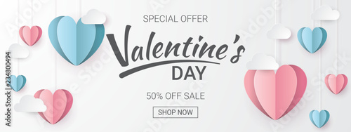 Valentines day sale background with Heart shape and clouds. Paper cut style. Can be used for Wallpaper, flyers, invitation, posters, brochure, banners. Vector illustration.