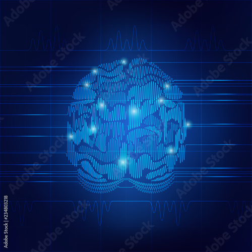 vector of brain cardiogram. Cardiology concept of wave range graph combined with brain shape