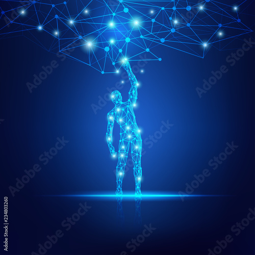 concept of cloud technology, digital man reaching futuristic connected line