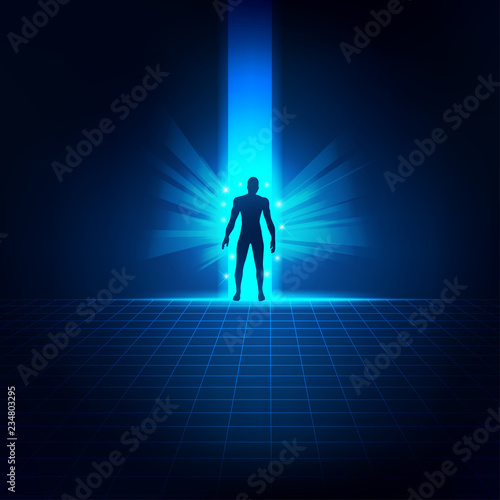 concept of science fiction theme, silhouette man stepping out the door of light, key to science success