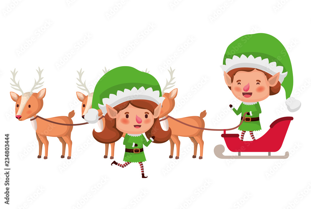 elf couple with sleigh and reindeer sleigh avatar chatacter