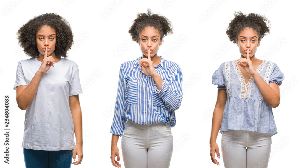 Obraz premium Collage of african american woman over isolated background asking to be quiet with finger on lips. Silence and secret concept.