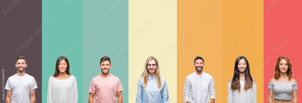 Fototapeta premium Collage of different ethnics young people over colorful stripes isolated background with a happy and cool smile on face. Lucky person.