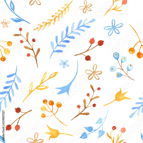 Winter seamless pattern with flowers  leaves  branches  berries. Christmas texture for scrapbooking  fabrics  packaging  wallpaper  children s design  textiles.