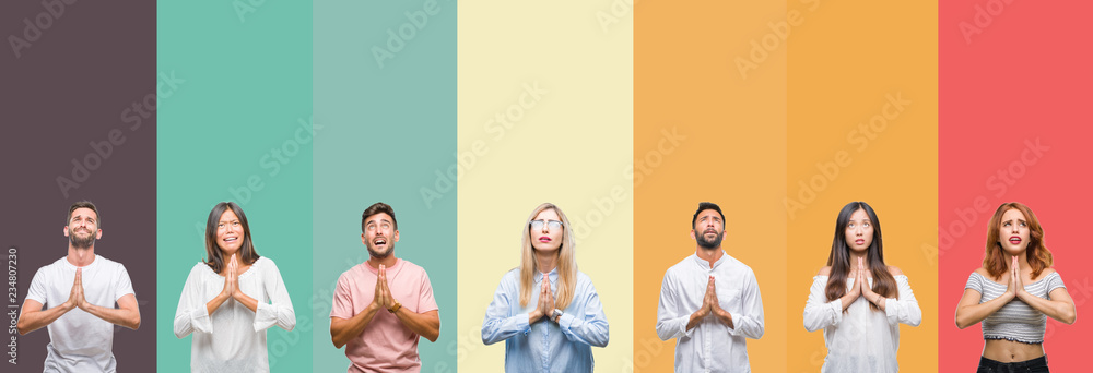 Fototapeta premium Collage of different ethnics young people over colorful stripes isolated background begging and praying with hands together with hope expression on face very emotional and worried
