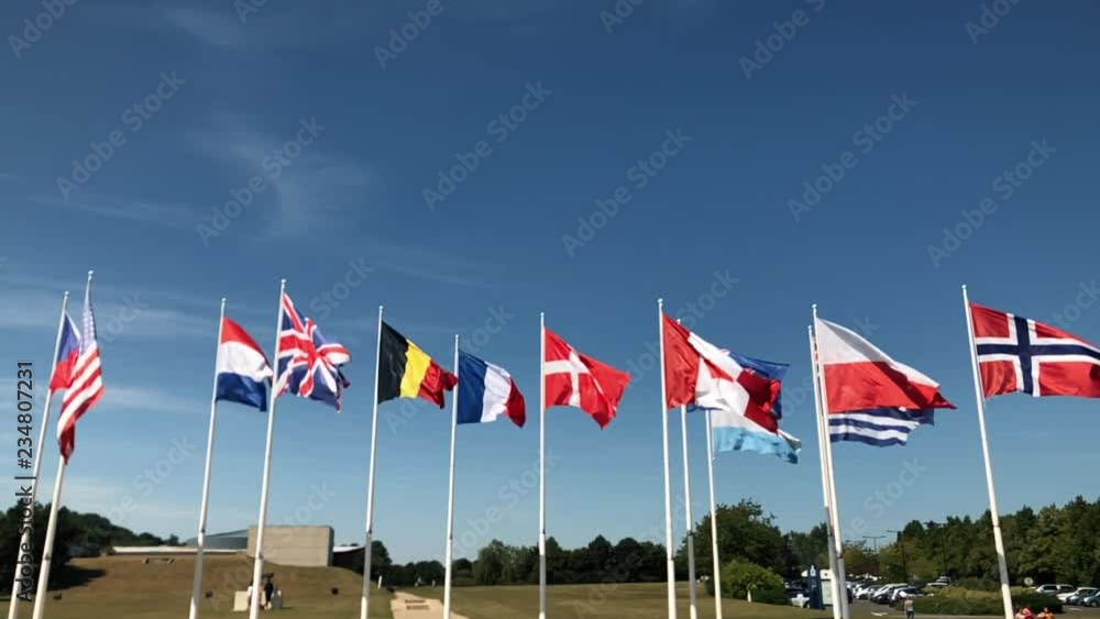 WW2 Flags together blowing in the wind in slow motion WW2 Flags together blowing in the wind in slow motion