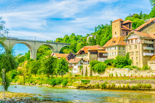 Pont de Zaehringen standing over valley of river Sarine in Fribourg, Switzerland photo