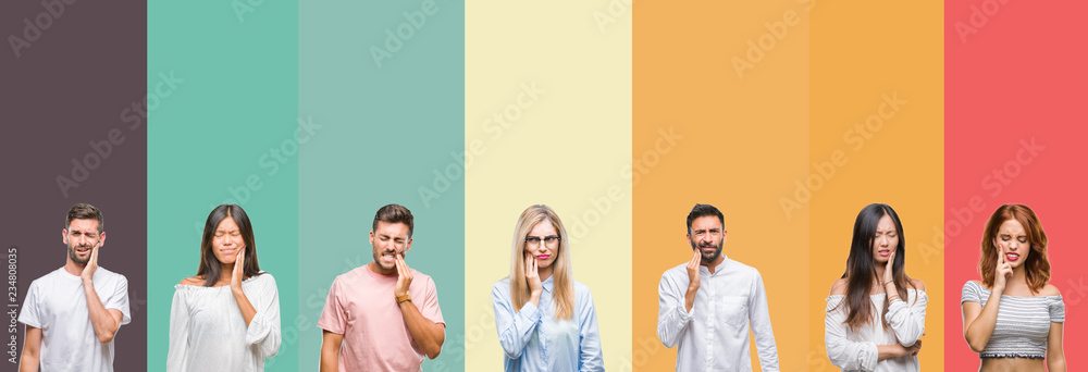 Fototapeta premium Collage of different ethnics young people over colorful stripes isolated background touching mouth with hand with painful expression because of toothache or dental illness on teeth. Dentist concept.