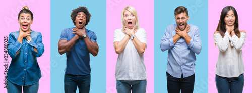 Fotografija Collage of group of young casual people over colorful isolated background shouting and suffocate because painful strangle