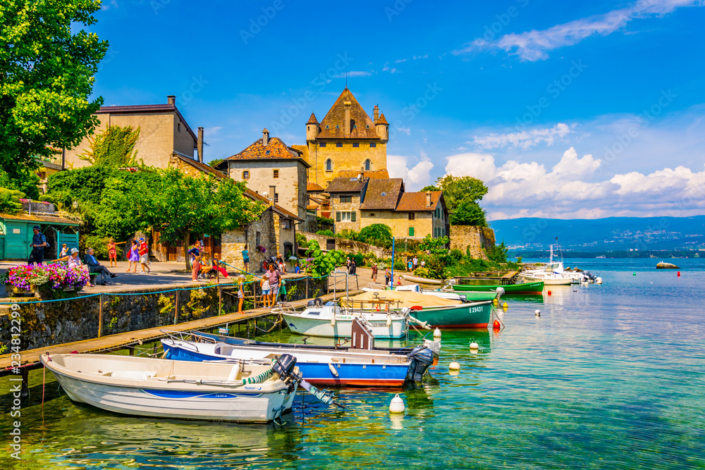 YVOIRE FRANCE JULY 21 2017 Lakeside View Of Castle In French City 