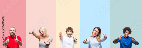 Collage of group of young people over colorful vintage isolated background approving doing positive gesture with hand, thumbs up smiling and happy for success. Looking at the camera, winner gesture.