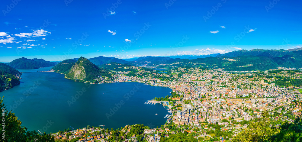 Fototapeta Aerial view of Lugano and Lugano lake from Monte Bré in Switzerland
