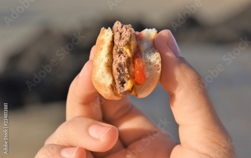 bitten hamburger in hand