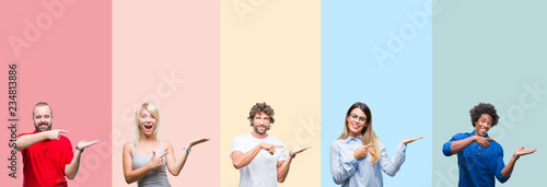 Collage of group of young people over colorful vintage isolated background amazed and smiling to the camera while presenting with hand and pointing with finger.