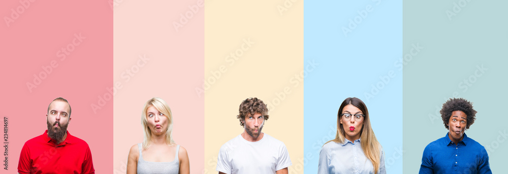 Fototapeta premium Collage of group of young people over colorful vintage isolated background making fish face with lips, crazy and comical gesture. Funny expression.