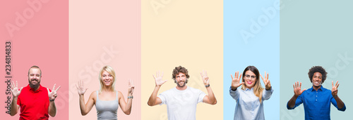 Collage of group of young people over colorful vintage isolated background showing and pointing up with fingers number eight while smiling confident and happy.