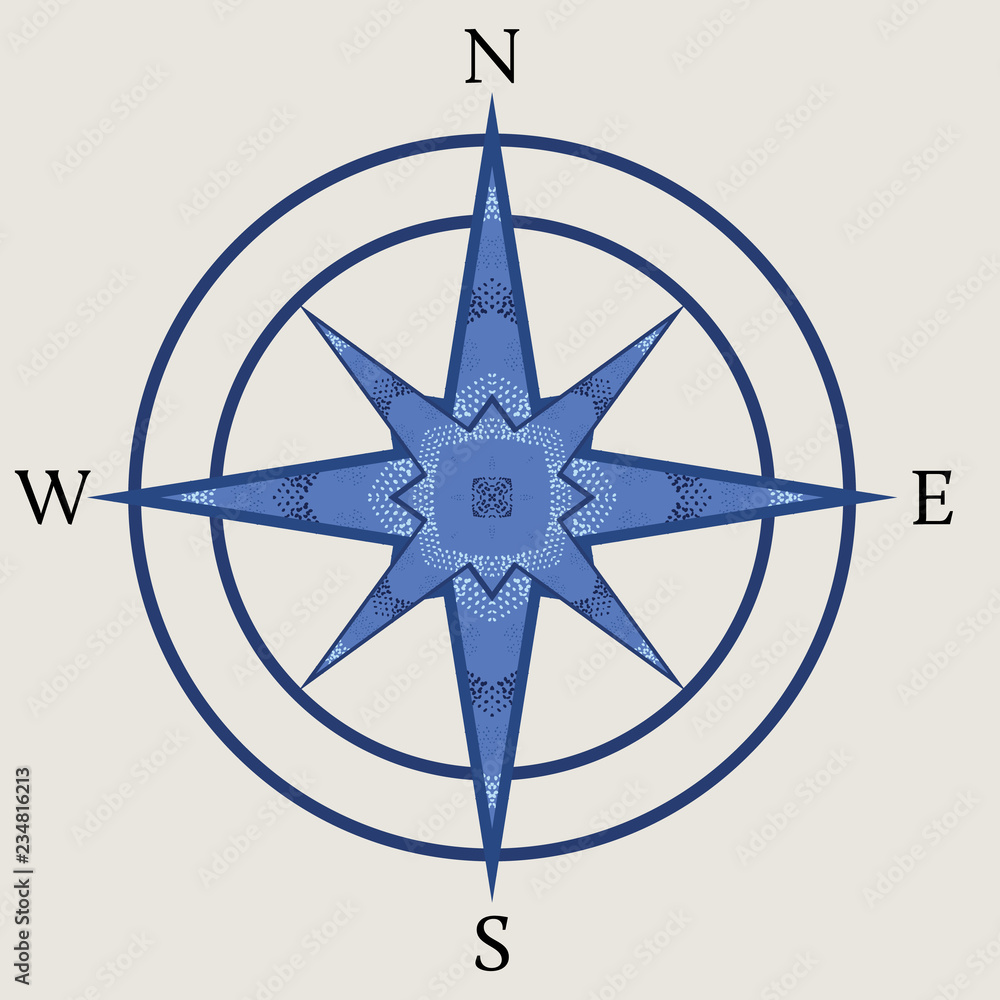 Decorative compass rose illustration used for maps and exploration by sea. Modern vector design, great for travel, nautical, guidance and other editorial concepts. Shades of blue on beige background. Decorative compass rose illustration used for maps and exploration by sea. Modern vector design, great for travel, nautical, guidance and other editorial concepts. Shades of blue on beige background.