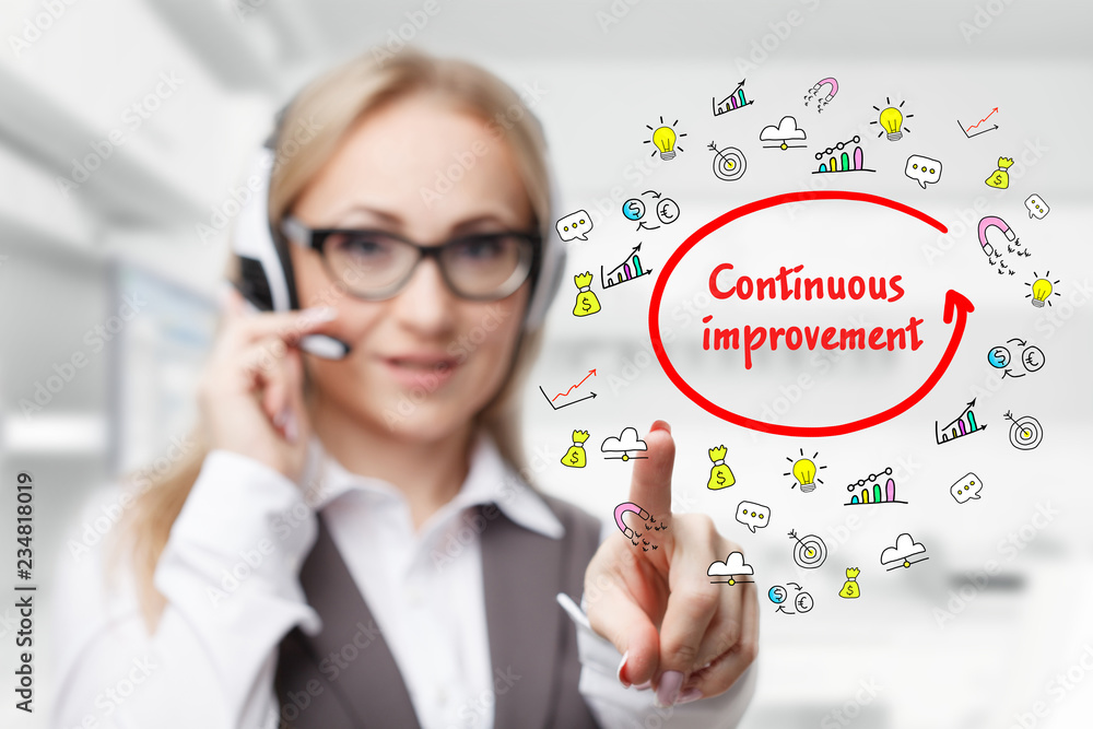Technology, internet, business and marketing. Young business woman writing word: Continuous improvement Technology, internet, business and marketing. Young business woman writing word: Continuous improvement