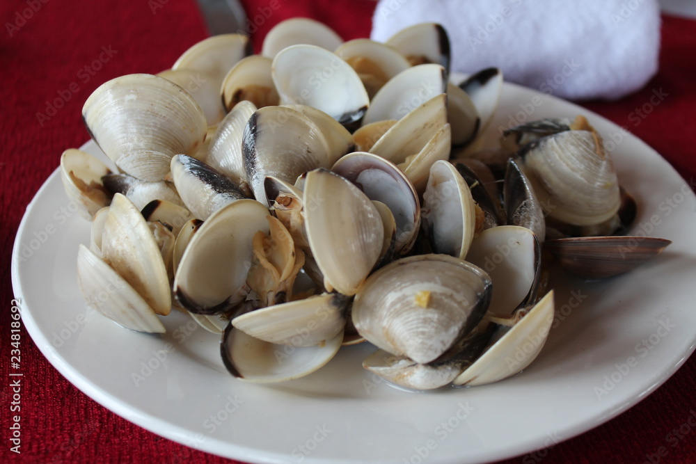 Boiled clams on a plate