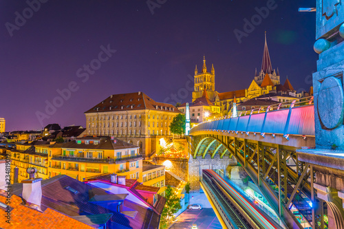 Konstfotografi Night view of the Lausanne gothic cathedral Behind Charles Bessieres bridge, Swi
