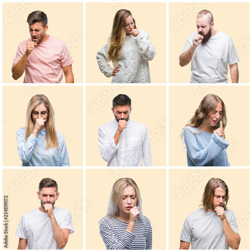 Collage of group people, women and men over colorful yellow isolated background feeling unwell and coughing as symptom for cold or bronchitis. Healthcare concept.
