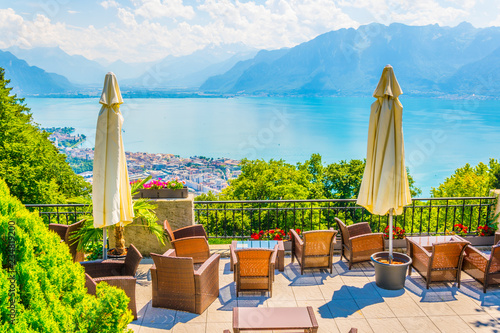 View of Geneva lake from a restaurant situated on slope of Mont Pelerin in Switzerland