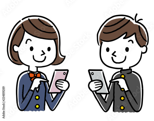 男子学生と女子学生：スマートフォン