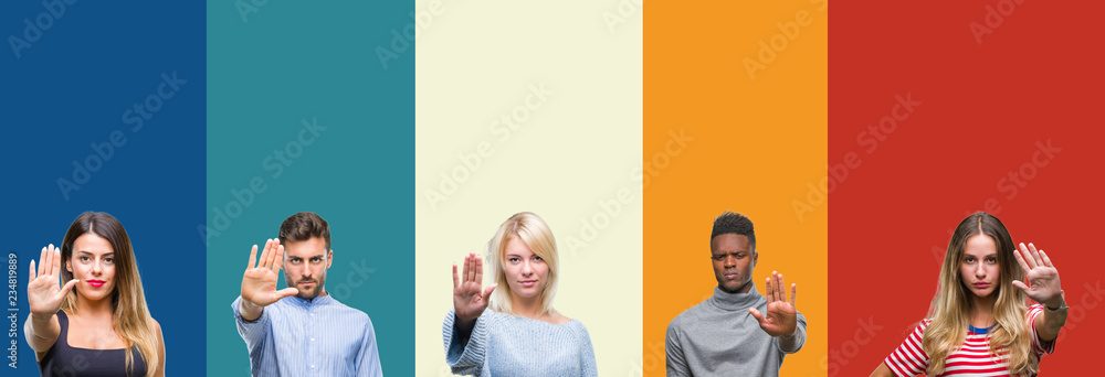 Fototapeta premium Collage of group of young people over colorful vintage isolated background doing stop sing with palm of the hand. Warning expression with negative and serious gesture on the face.