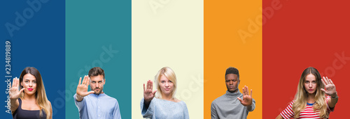 Collage of group of young people over colorful vintage isolated background doing stop sing with palm of the hand. Warning expression with negative and serious gesture on the face.