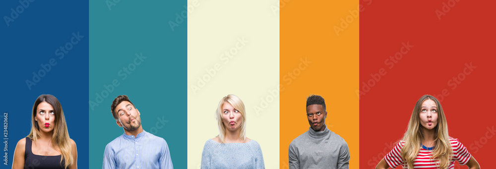 Collage of group of young people over colorful vintage isolated background making fish face with lips, crazy and comical gesture. Funny expression.