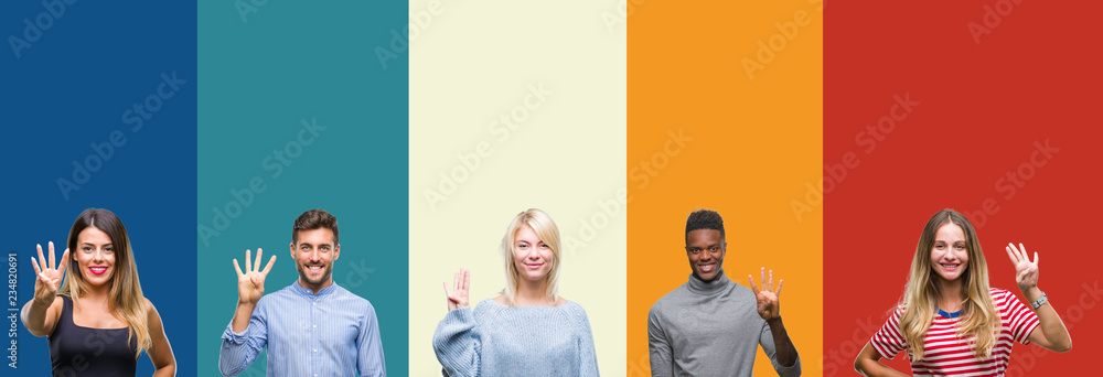 Fototapeta premium Collage of group of young people over colorful vintage isolated background showing and pointing up with fingers number four while smiling confident and happy.