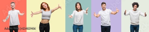 Composition of african american, hispanic and chinese group of people over vintage color background looking at the camera smiling with open arms for hug. Cheerful expression embracing happiness.